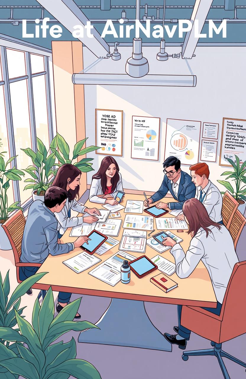 A detailed illustration representing the book 'Life at AirNavPLM' focusing on how the HR team builds a company culture