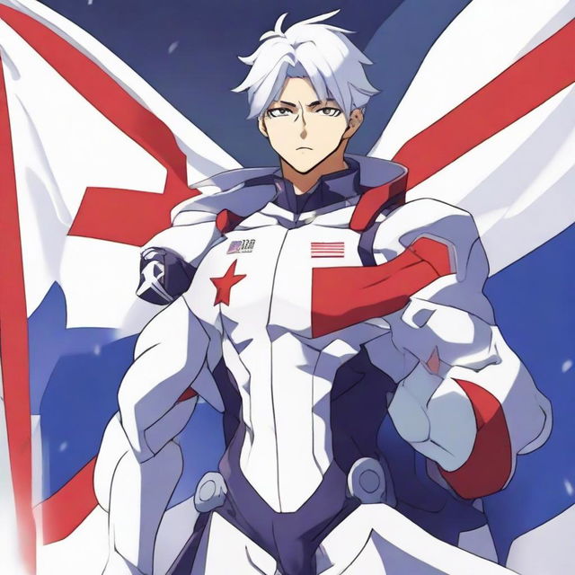 Anime character Shiro in a pose expressing patriotic feelings, with elements of their country's flag incorporated in the background