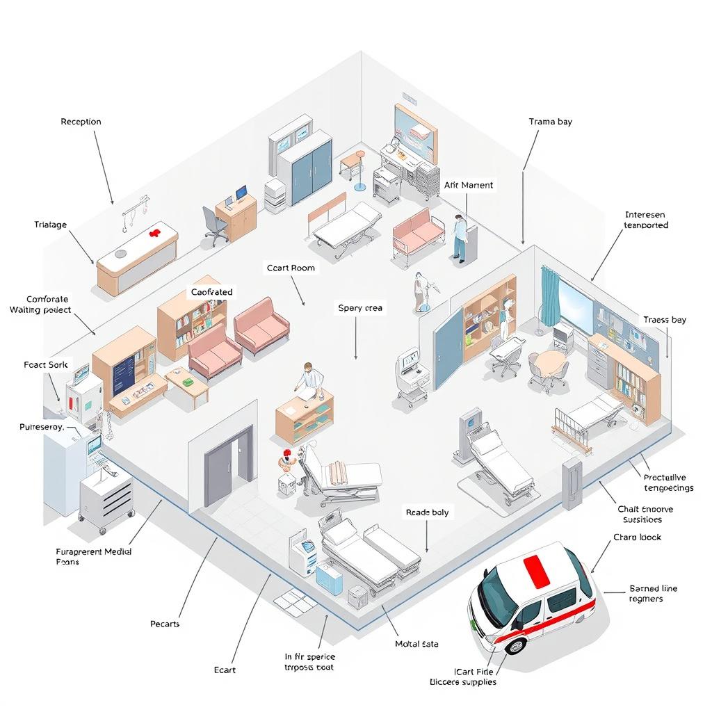 A detailed and labeled illustration of an Emergency Room (ER) setup, suitable for a long bond paper layout