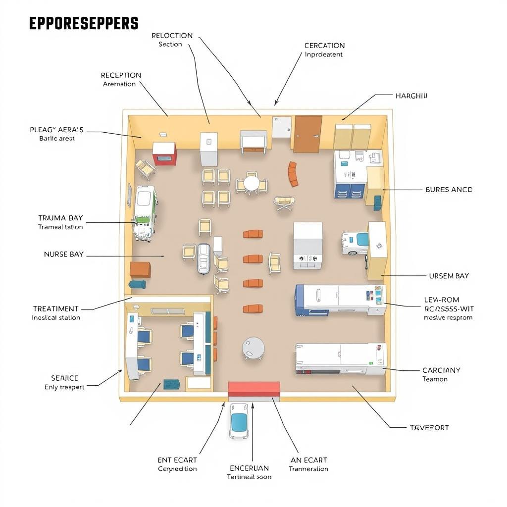 A comprehensive and labeled layout of an Emergency Room (ER) setup that fits on a long bond paper