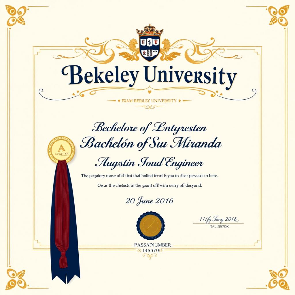 A diploma certificate design for a fictional graduation from Berkeley University in the category of Sound Engineer
