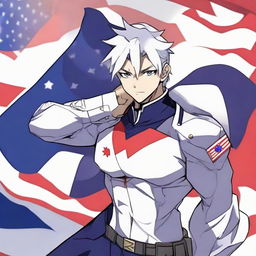 Anime character Shiro in a pose expressing patriotic feelings, with elements of their country's flag incorporated in the background