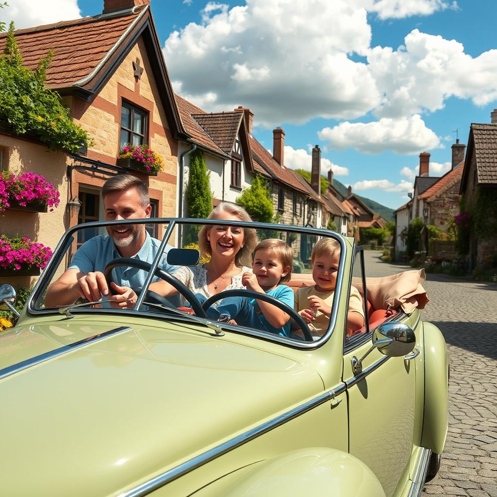A small family traveling together in a charming, vintage car through a picturesque village