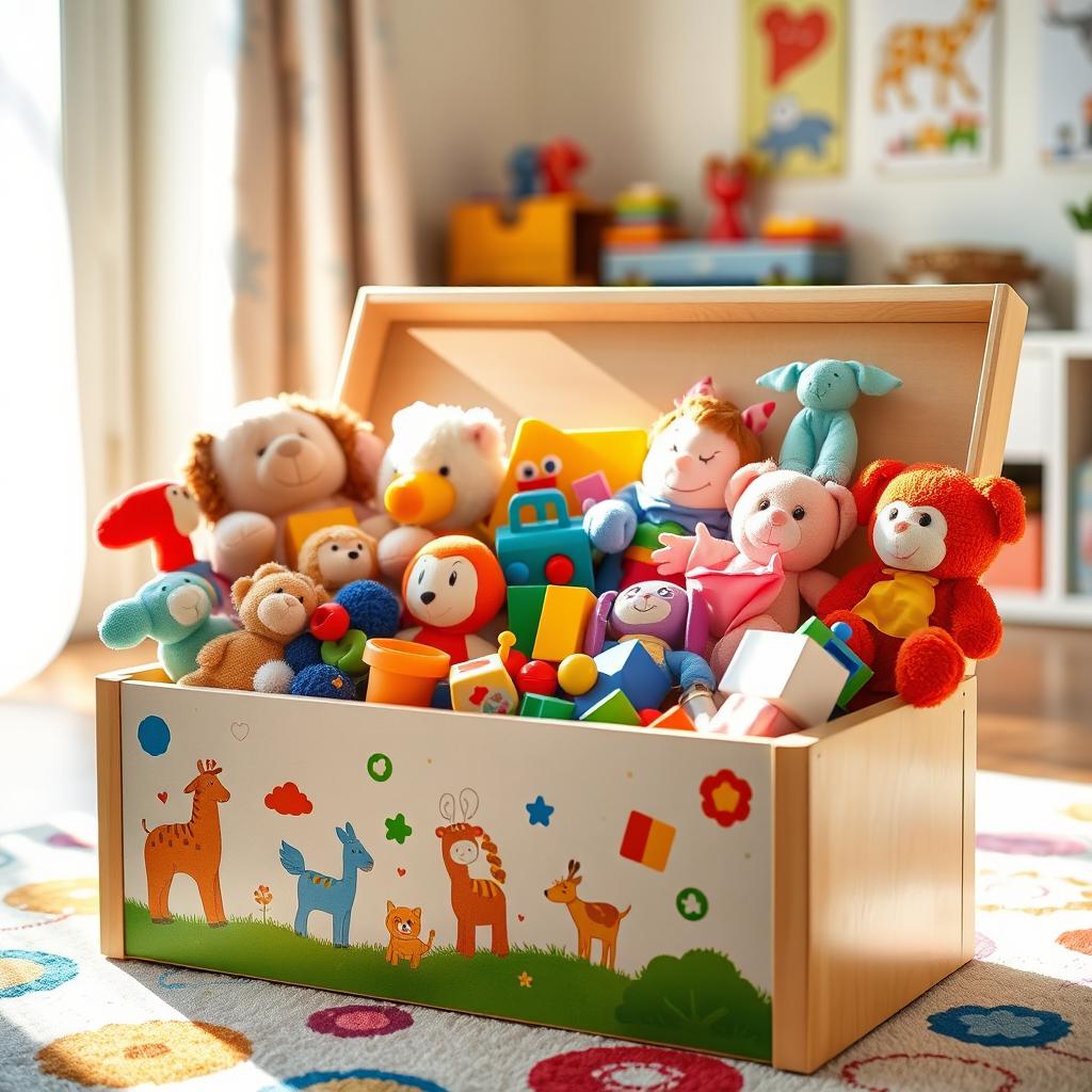 A colorful and vibrant toy box filled with a variety of toys, including stuffed animals, action figures, building blocks, and puzzles, arranged neatly in a playful and inviting way