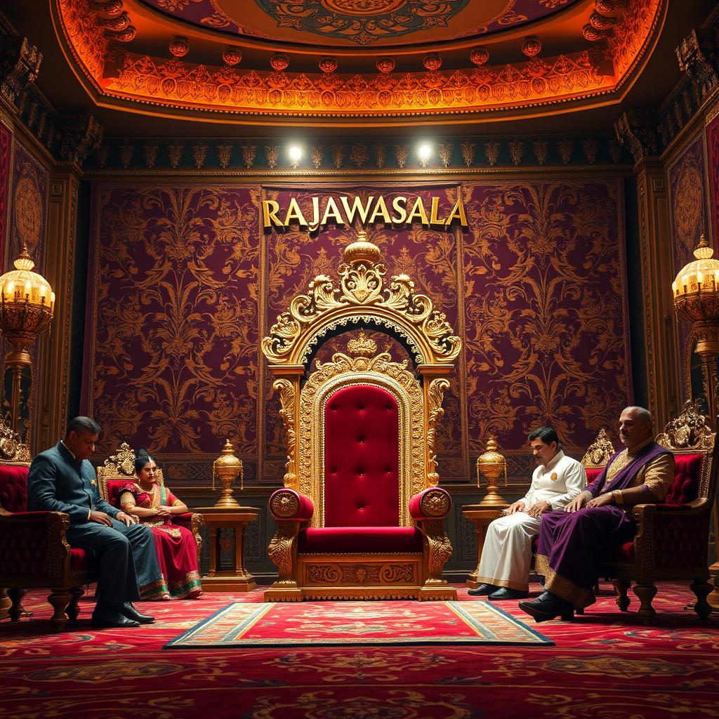 An opulent royal palace interior, showcasing a grand royal court