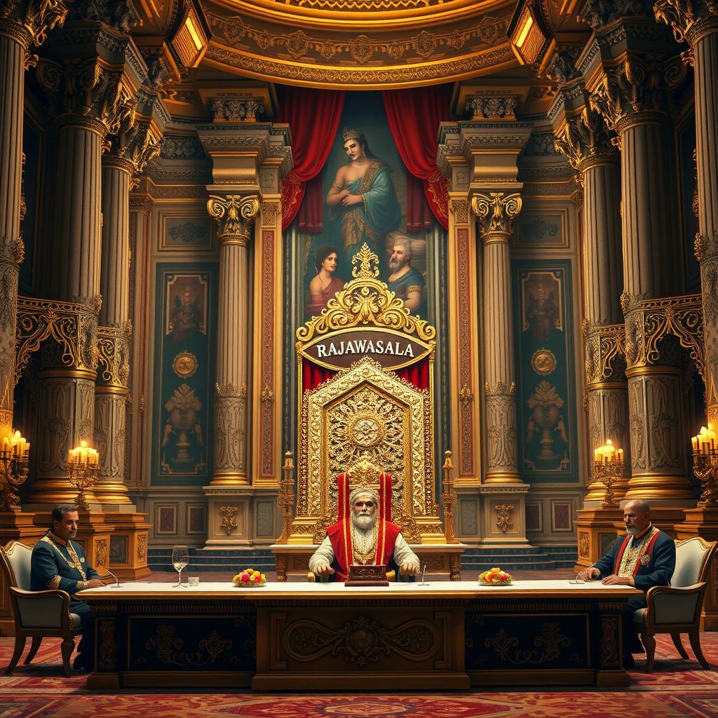 A grand royal palace interior featuring opulent decor, intricate architecture, and majestic designs