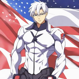 Anime character Shiro in a pose expressing patriotic feelings, with elements of their country's flag incorporated in the background