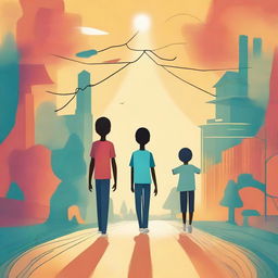 A vibrant digital art representation of a boy's life journey