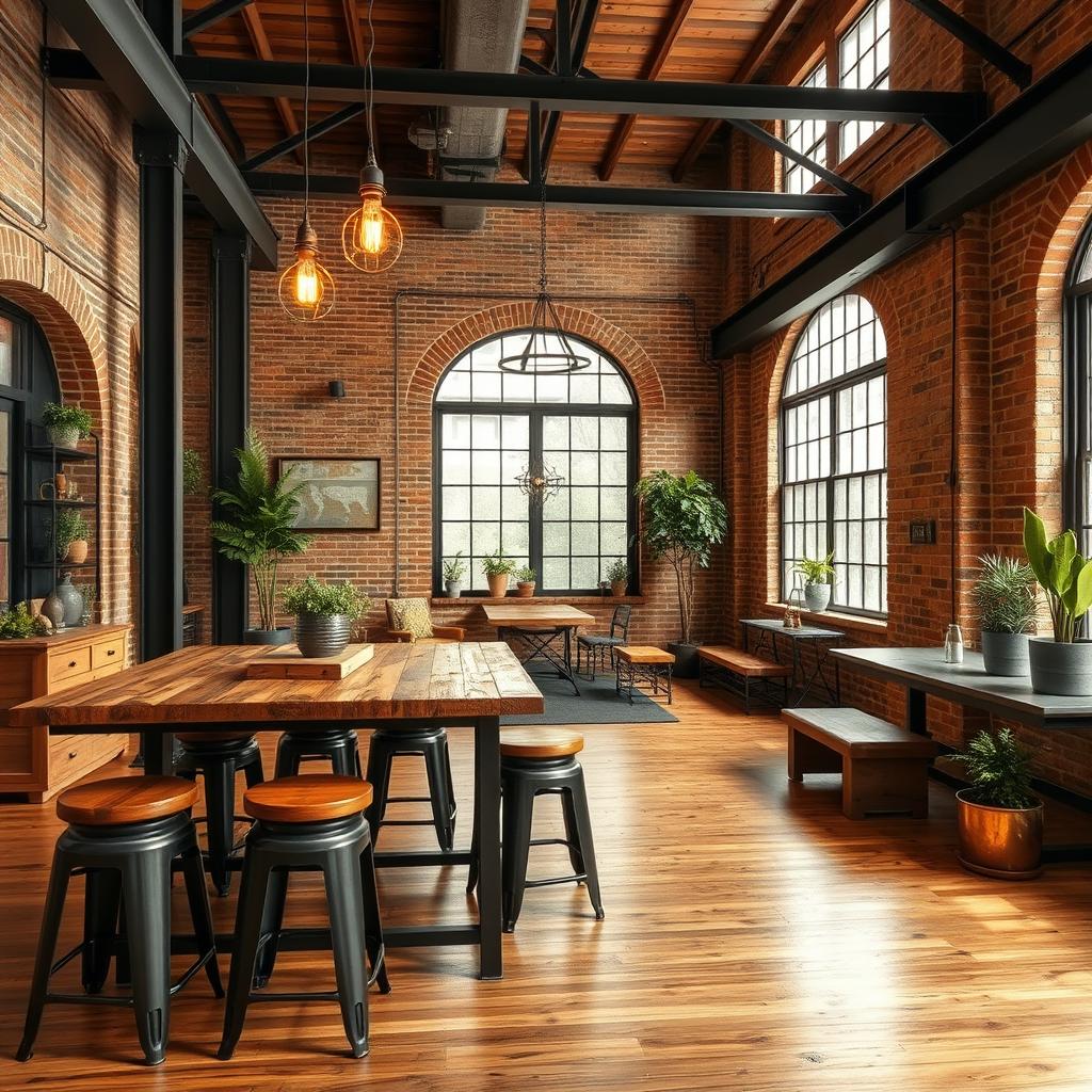 A beautifully decorated industrial-style room featuring a harmonious blend of wood and metal elements
