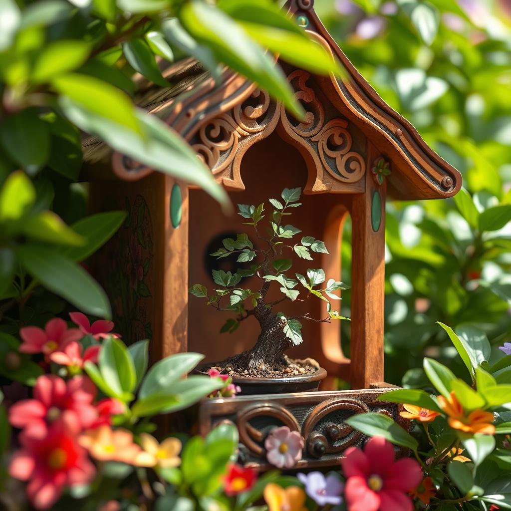 A beautifully crafted birdhouse nestled among lush greenery, featuring intricate woodwork and vibrant colors