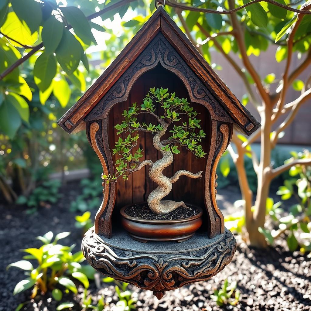 An intricately designed birdhouse sitting prominently in a serene garden setting