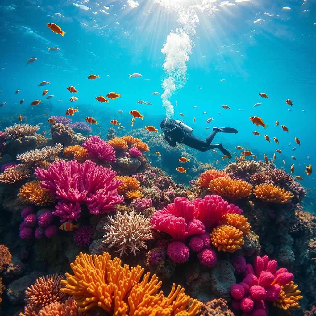 A majestic underwater scene featuring a vibrant coral reef teeming with colorful fish, including clownfish, angelfish, and surgeonfish