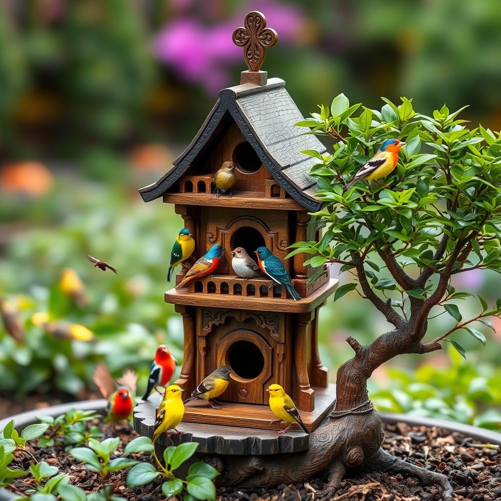 A beautifully designed three-story birdhouse nestled among a serene garden, surrounded by vibrant birds of various species such as sparrows and finches