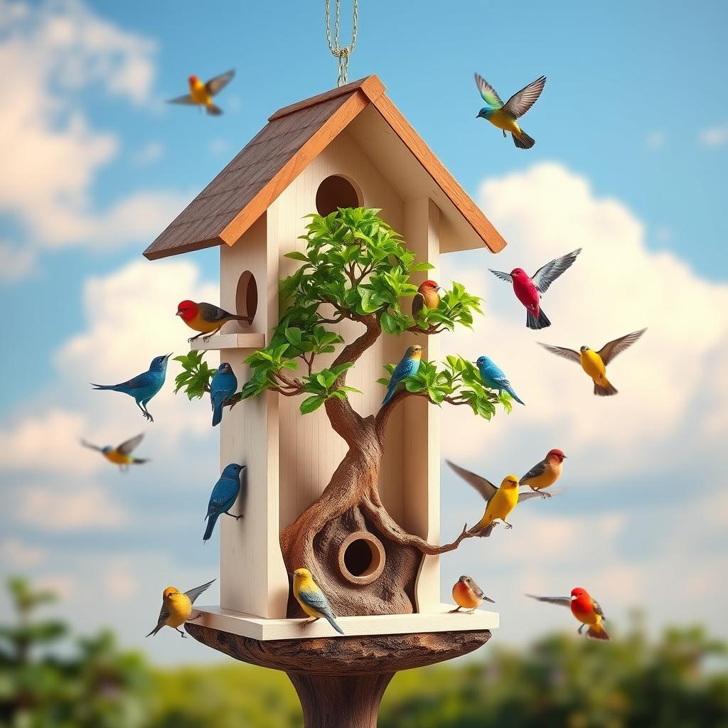 A beautiful birdhouse featuring three distinct floors, intricately designed with a vibrant bonsai tree situated in the middle