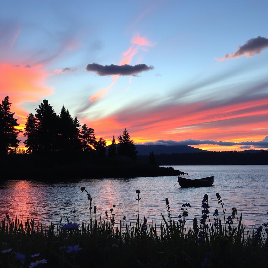 A serene sunset over a shimmering lake, with silhouettes of tall pines along the shoreline