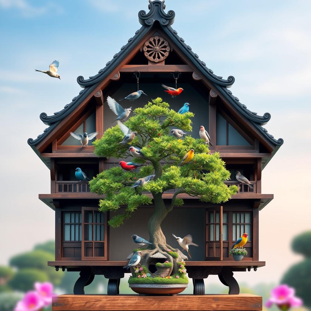 A beautifully designed Japanese birdhouse with three distinct floors, each decorated ornately
