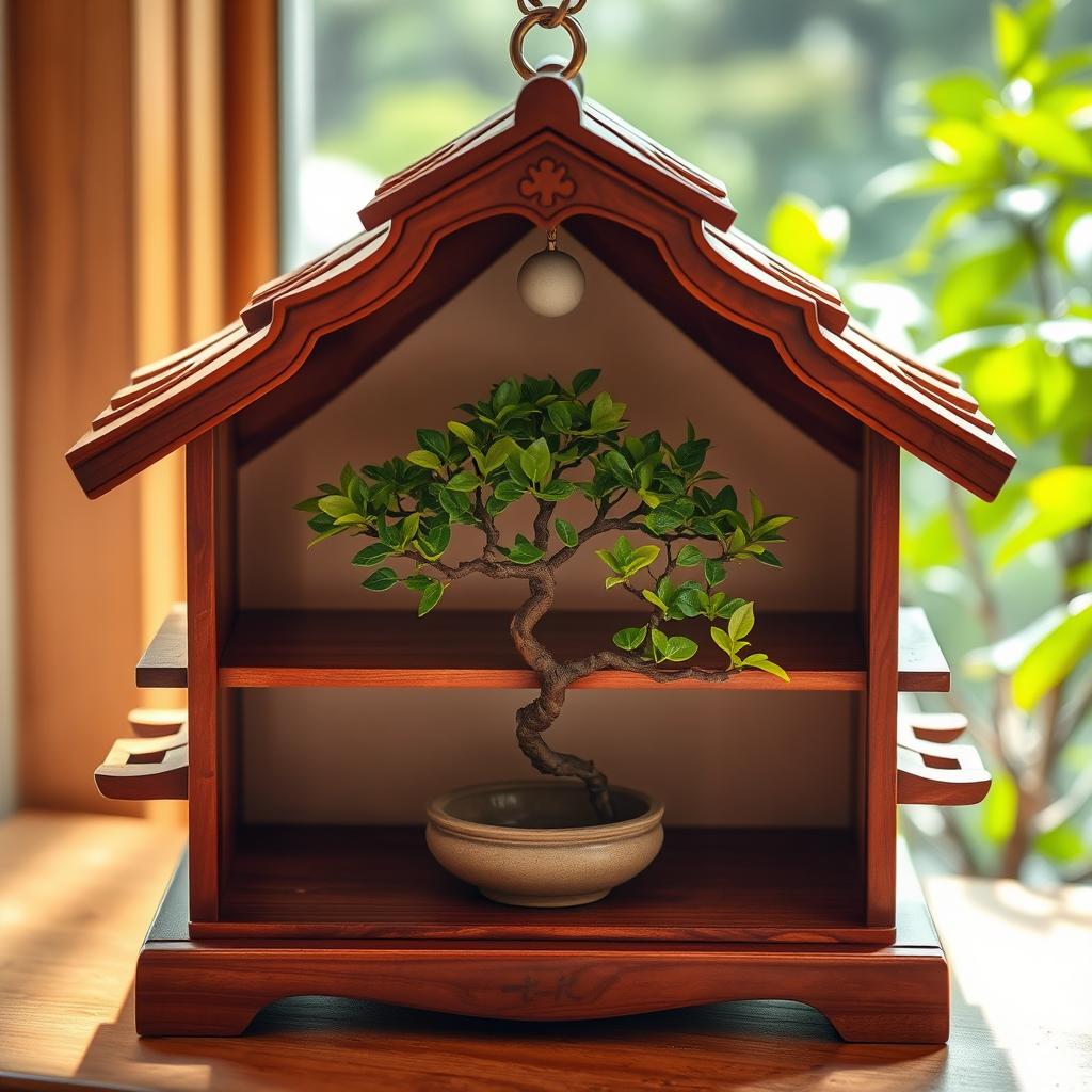 A beautifully crafted Japanese birdhouse featuring three elegant floors, with a vibrant bonsai tree placed in the middle