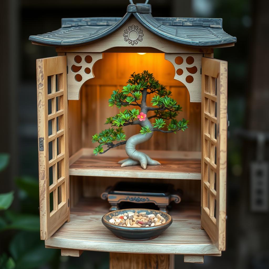 A Japanese-style birdhouse that is open to reveal a beautifully cultivated bonsai tree placed in the center