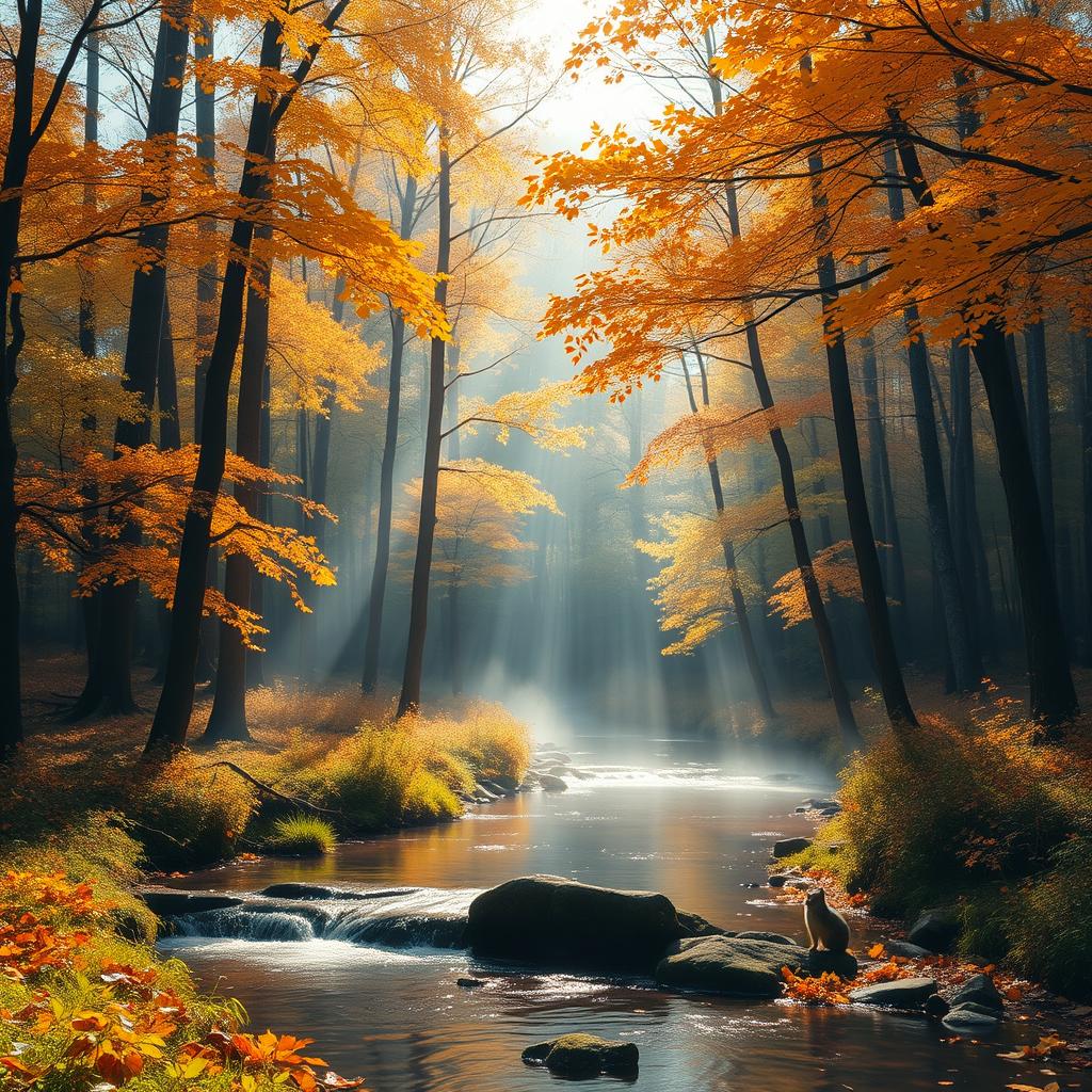 A tranquil forest scene during autumn, featuring tall, vibrant trees with golden and orange leaves