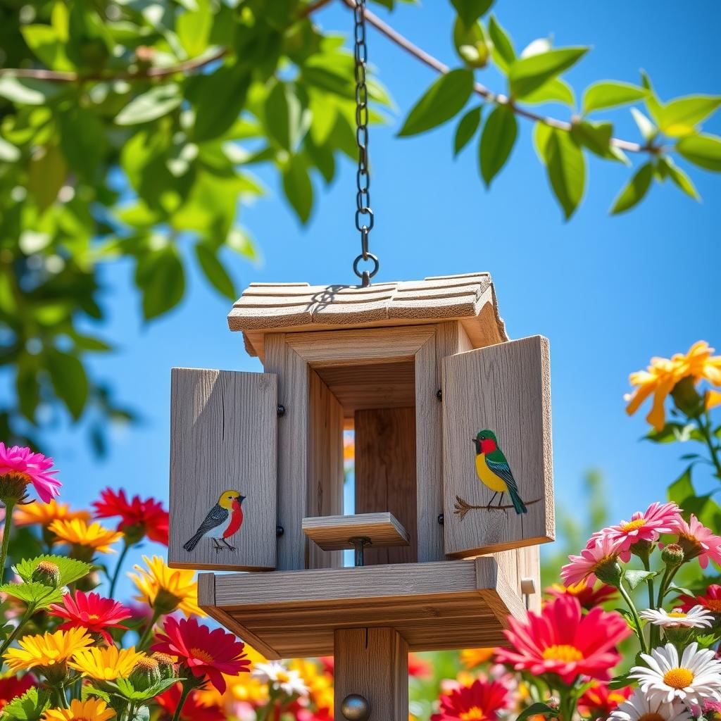 An open birdhouse with a charming, rustic design featuring four sides, crafted from weathered wood, surrounded by vibrant flowers and a clear blue sky