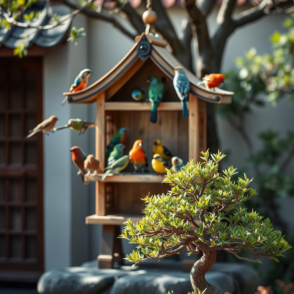 A beautifully crafted open Japanese birdhouse with four sides, surrounded by an array of colorful birds perched on the structure and flitting around