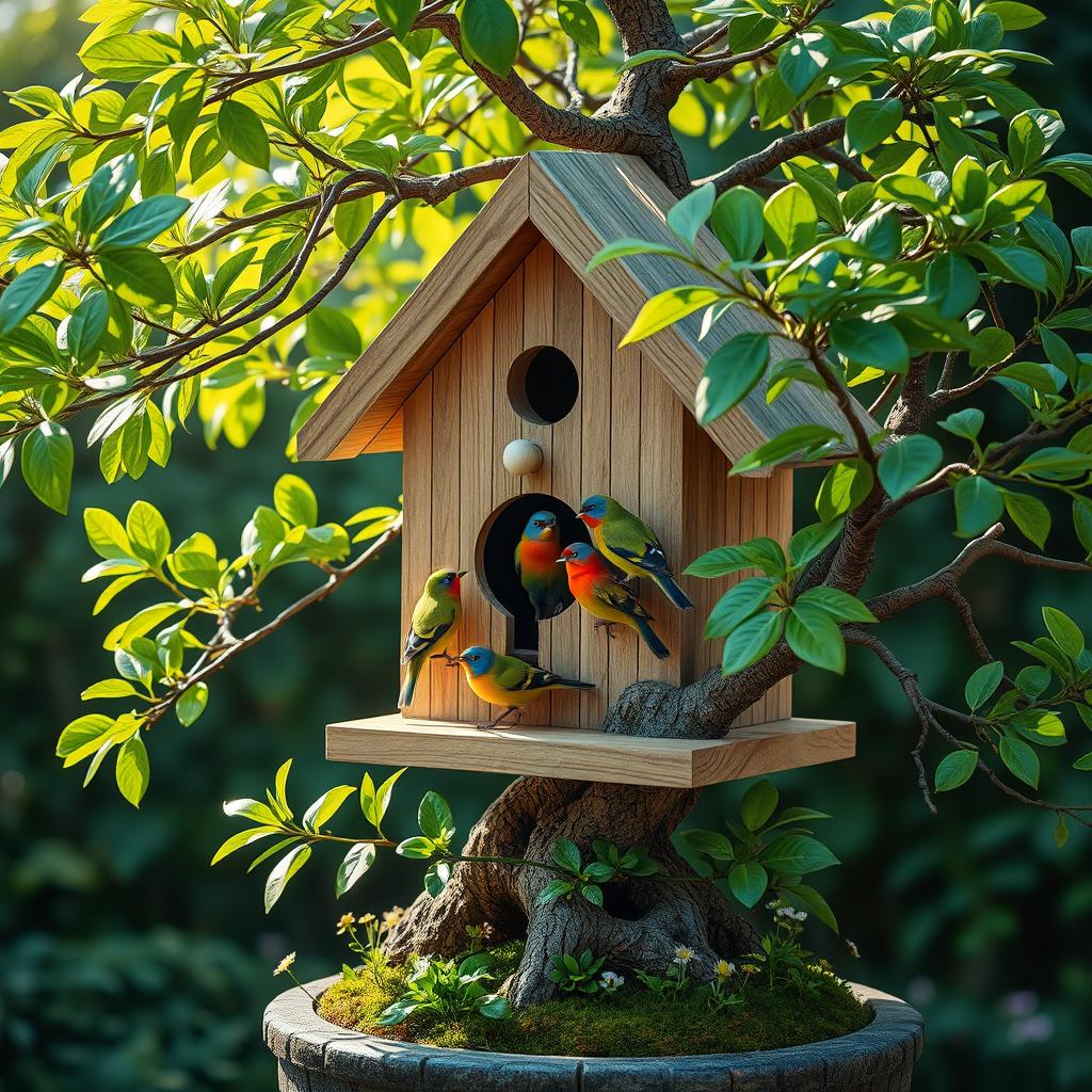 A beautifully crafted birdhouse intricately designed around a bonsai tree, seamlessly integrating nature and architecture