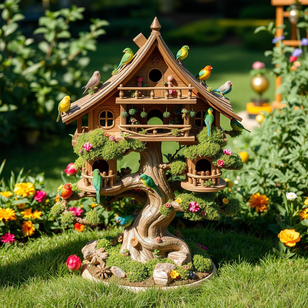 An intricate, whimsical birdhouse design centered around a beautifully shaped bonsai tree