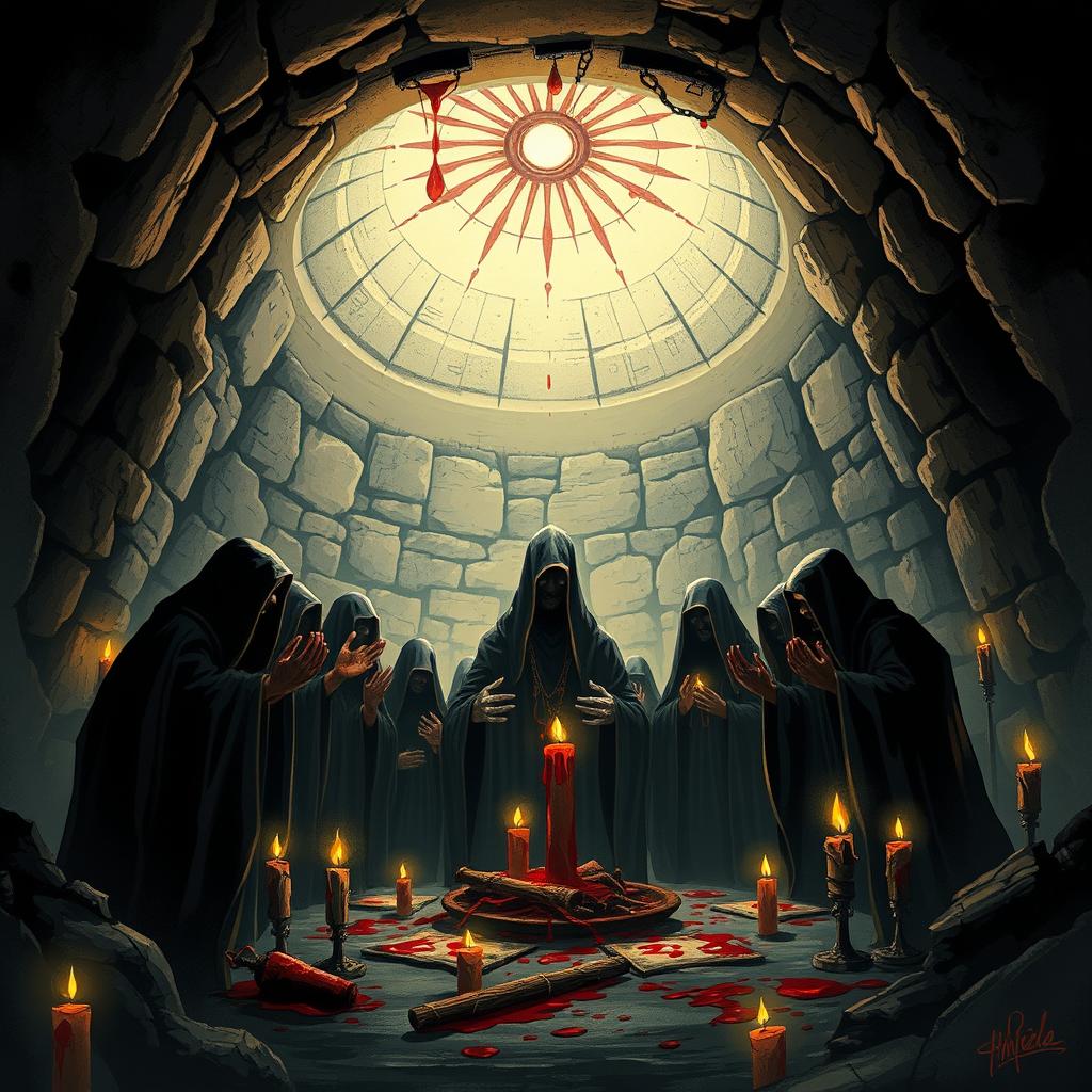 An illustration of a bloody cult performing a dark ritual, surrounded by a dome of light within an underground crypt