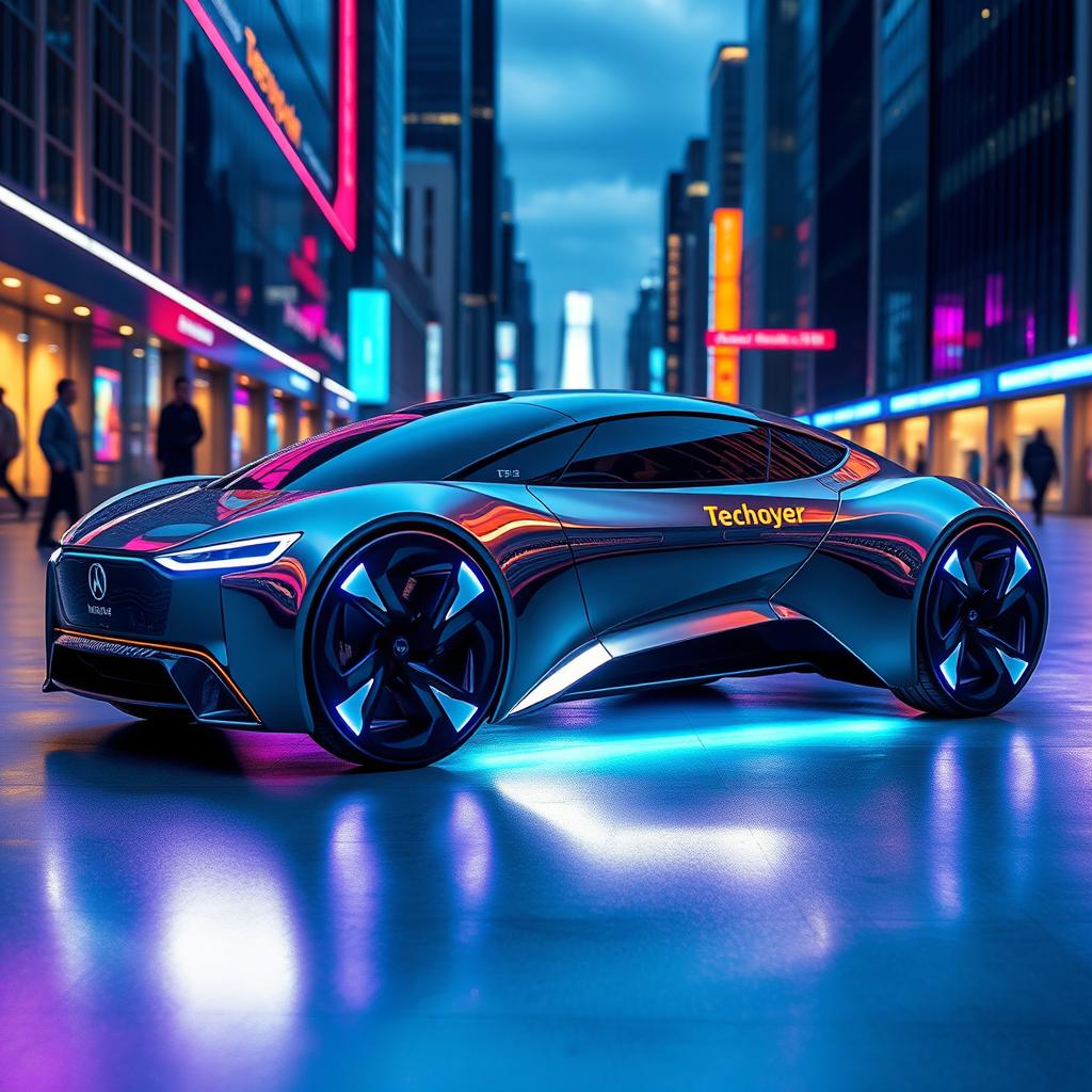 A sleek and futuristic car design, featuring a streamlined aerodynamic shape with a glossy metallic finish