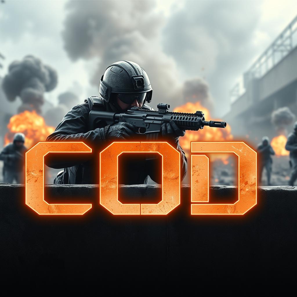 A dynamic and intense video game scene inspired by Call of Duty, featuring a soldier in full tactical gear taking cover behind a barricade, with a battlefield filled with explosions and smoke in the background