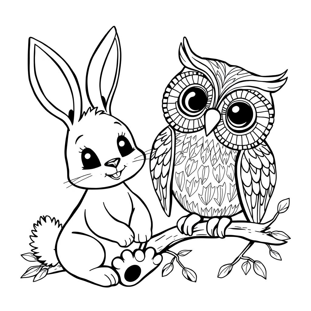A delightful black and white clipart illustration featuring a cute bunny and a wise owl