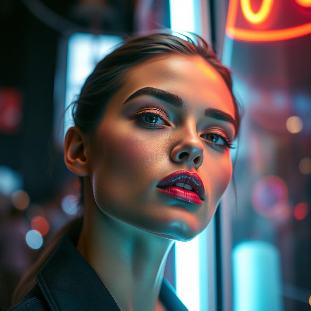 A professional photo editing scenario focusing on a model's face under neon lighting