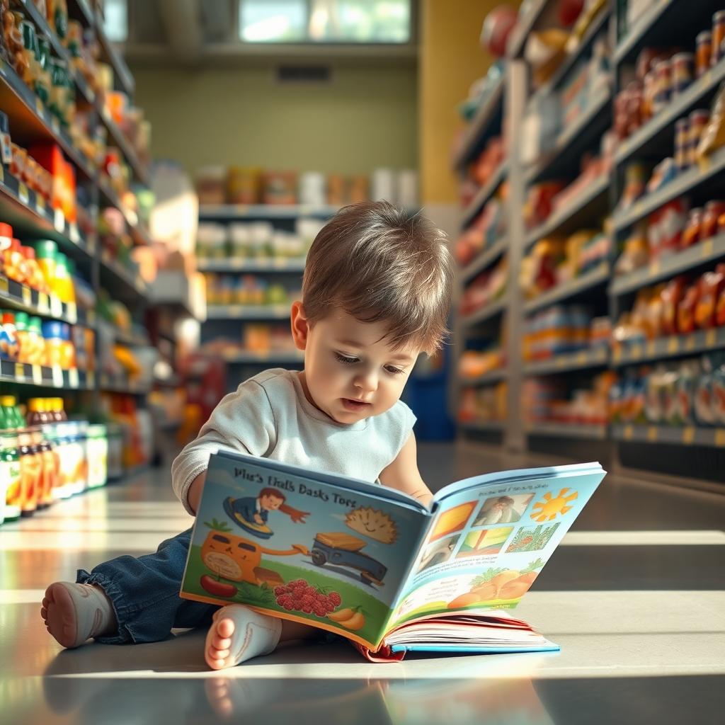 A young child sitting on the floor of a grocery store, deeply engrossed in reading a colorful book