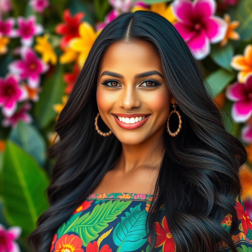 A stunning portrait of a Latina woman with long, flowing black hair and warm brown skin