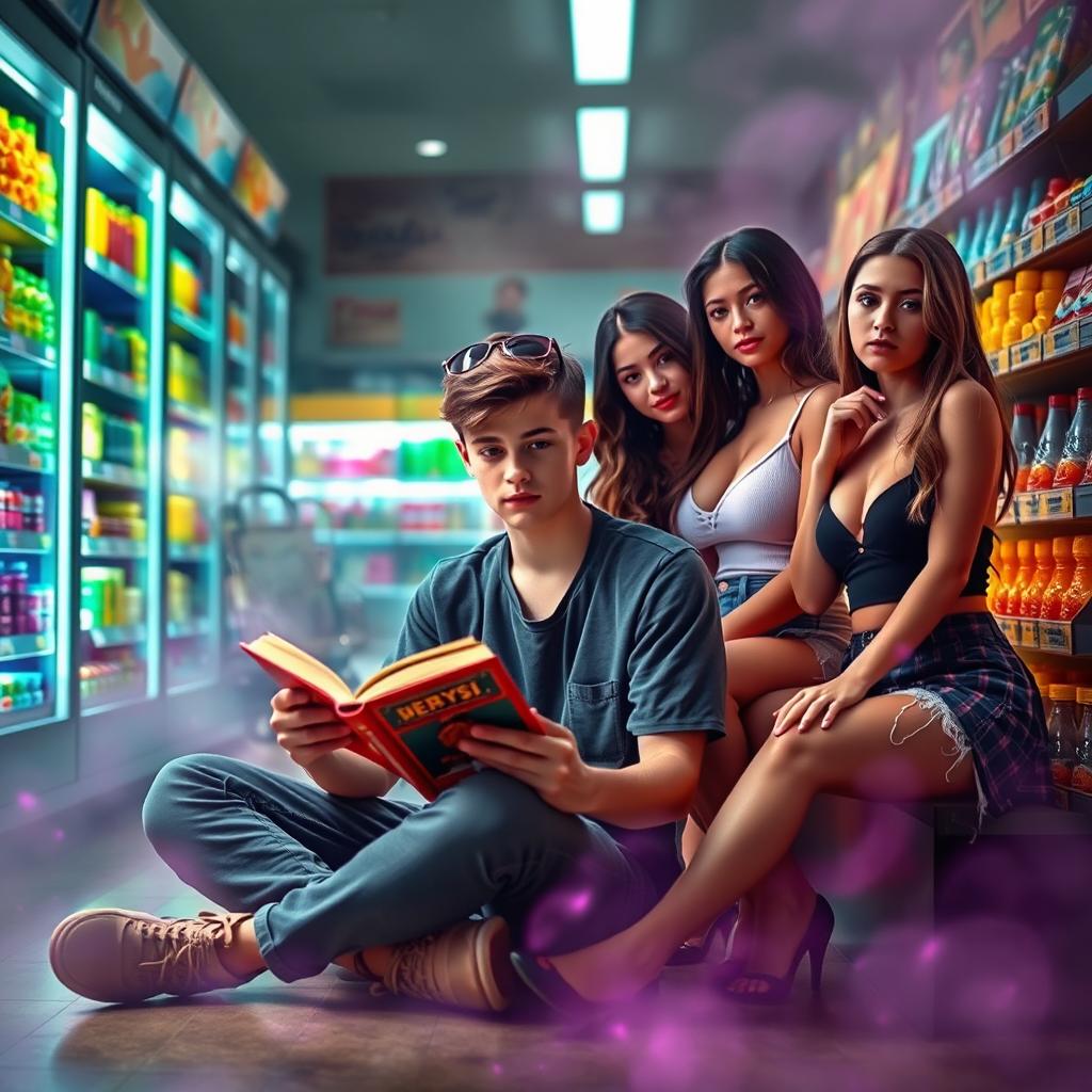 A young teenage man sitting and reading a book, surrounded by a mystical atmosphere, with a grocery store in the background