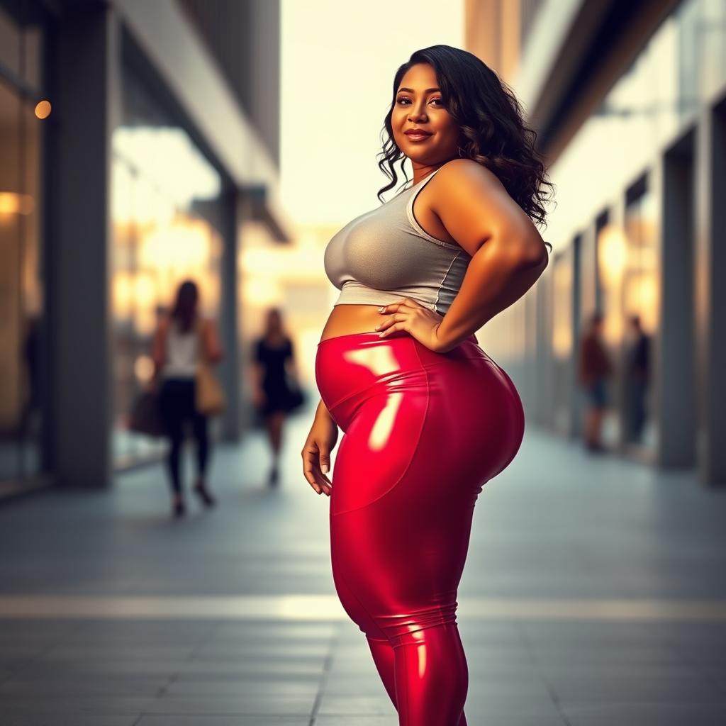A confident chubby woman dressed in shiny leggings, standing in a stylish pose
