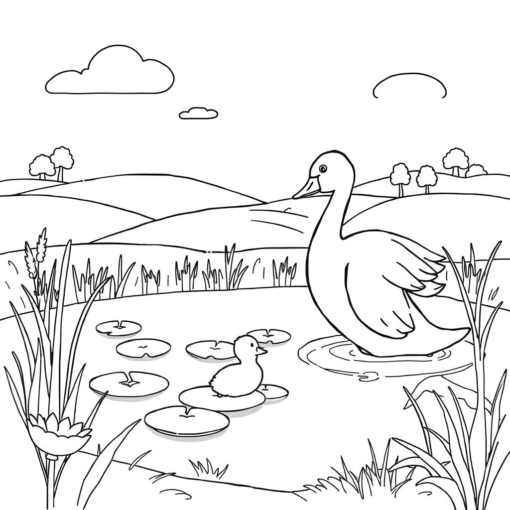 An uncolored outline drawing for a coloring book depicting a fairytale scene from 'The Ugly Duckling'