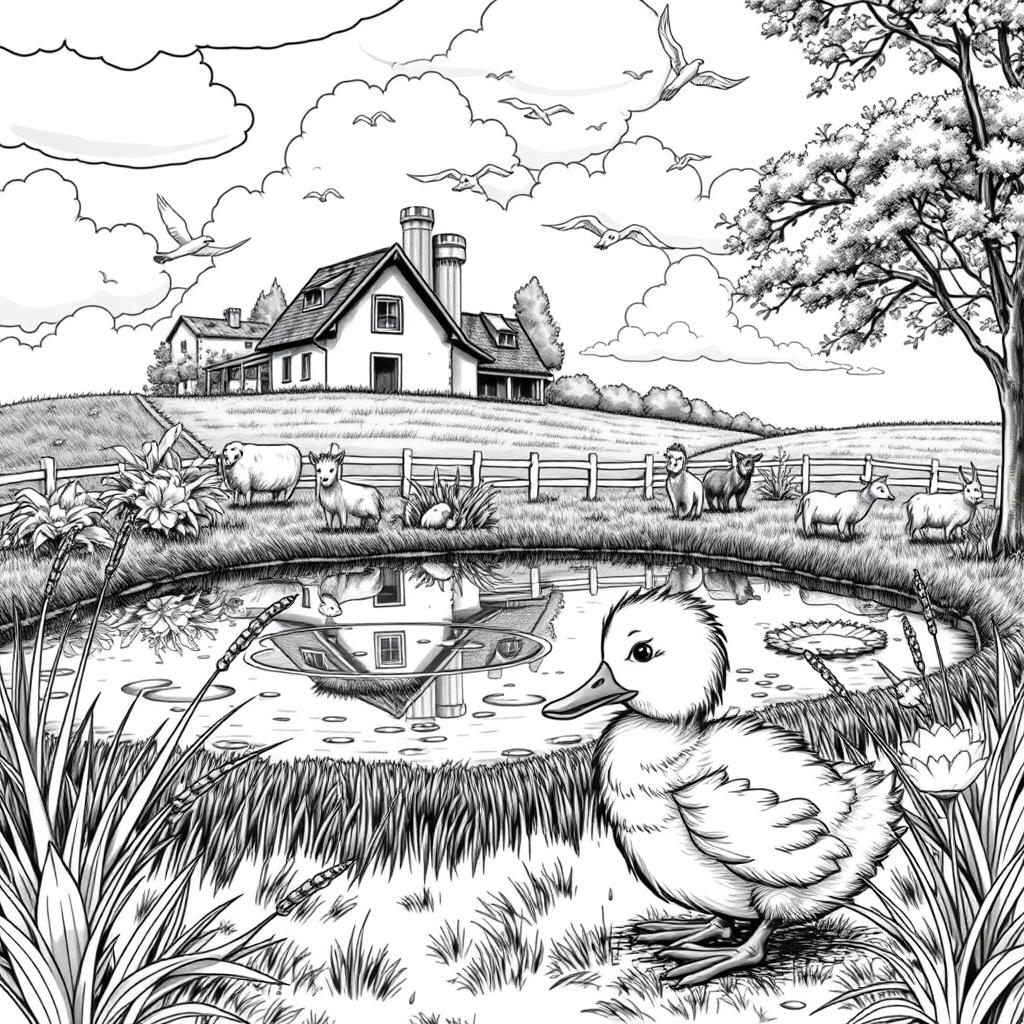 A beautiful, detailed black and white illustration inspired by the fairy tale "The Ugly Duckling" showing a charming countryside scene