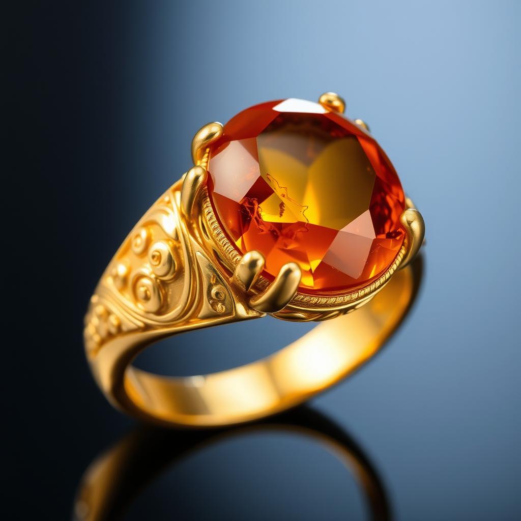 A stunning gold ring featuring a beautiful amber semi-precious stone at its center, with intricate engravings on the band