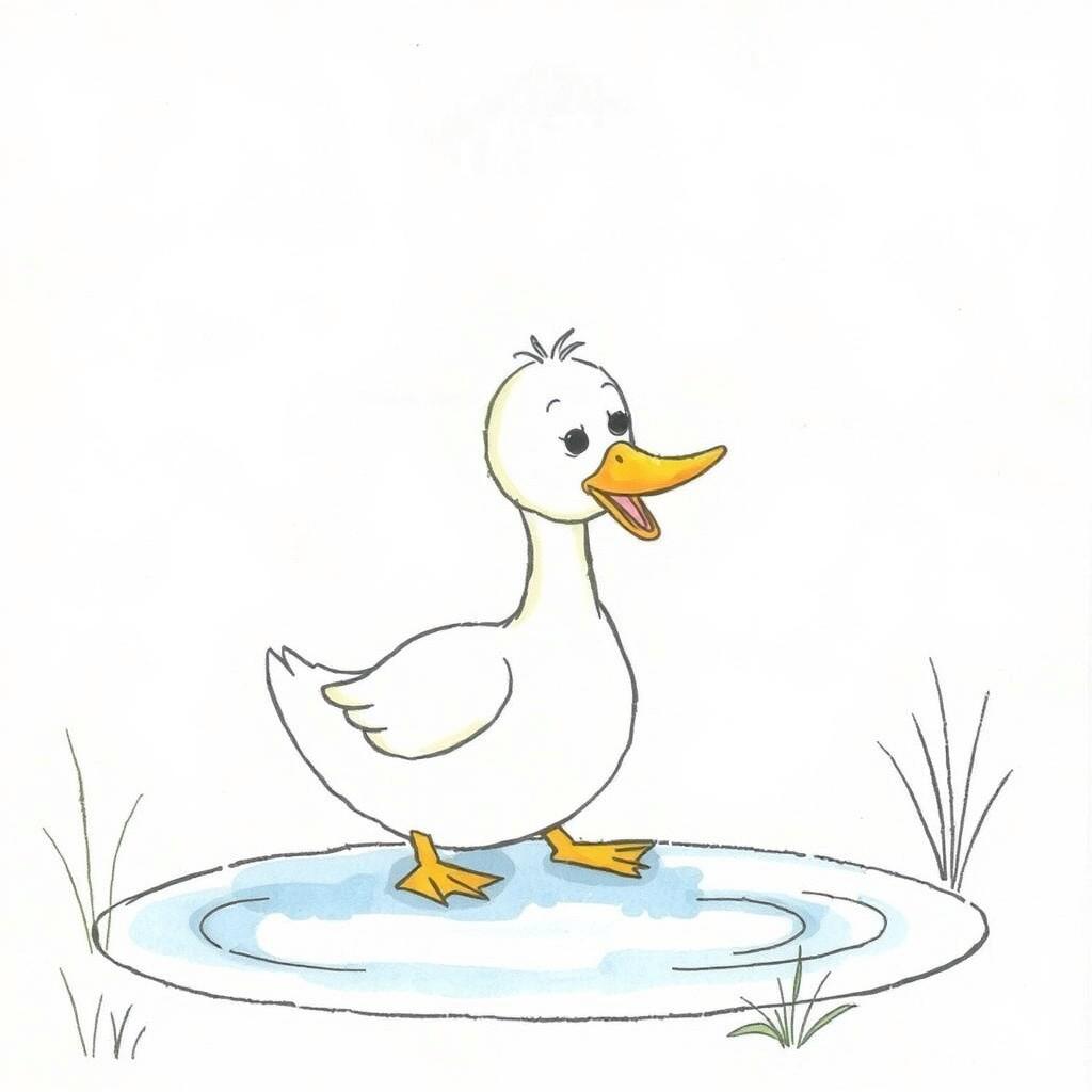 A simple, uncolored drawing created by a ten-year-old boy, depicting the essence of the fairy tale 'The Ugly Duckling'