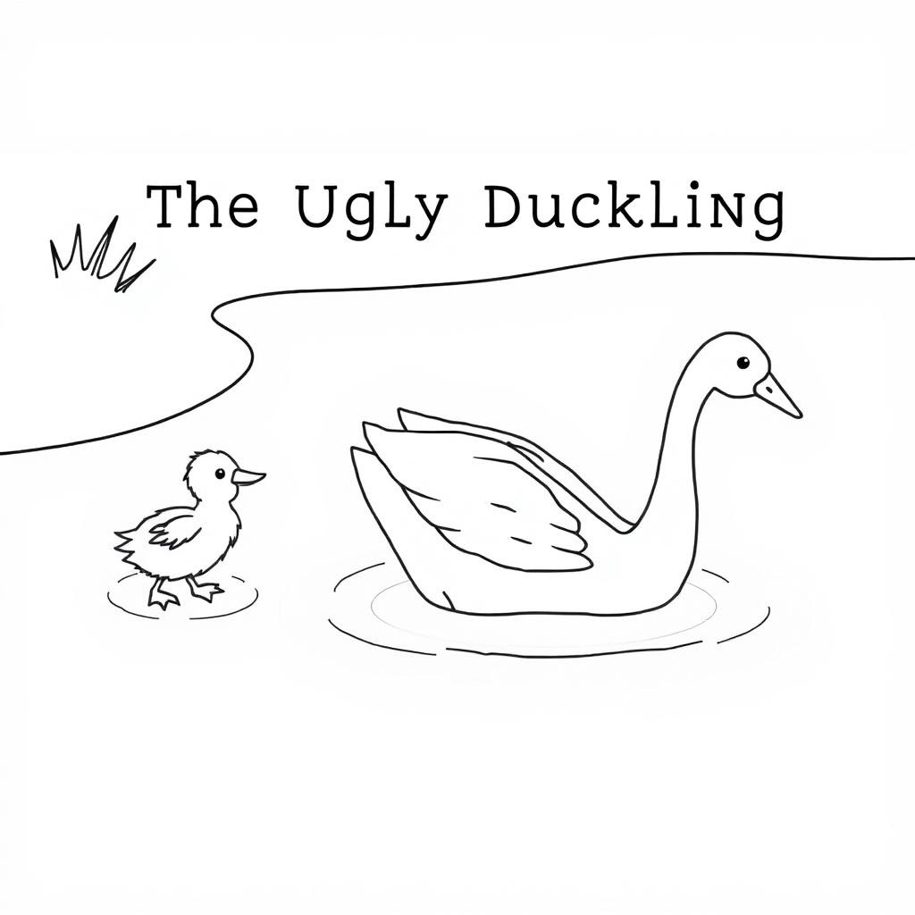 A coloring page illustration of a scene from the fairy tale "The Ugly Duckling" where the ugly duckling transforms into a beautiful white swan