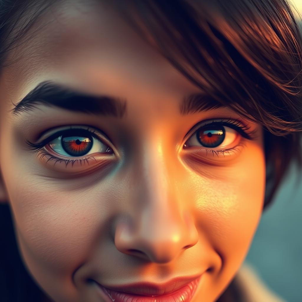 A close-up portrait of a person showcasing mesmerizing amber colored eyes, capturing the unique warmth and depth of the eye color