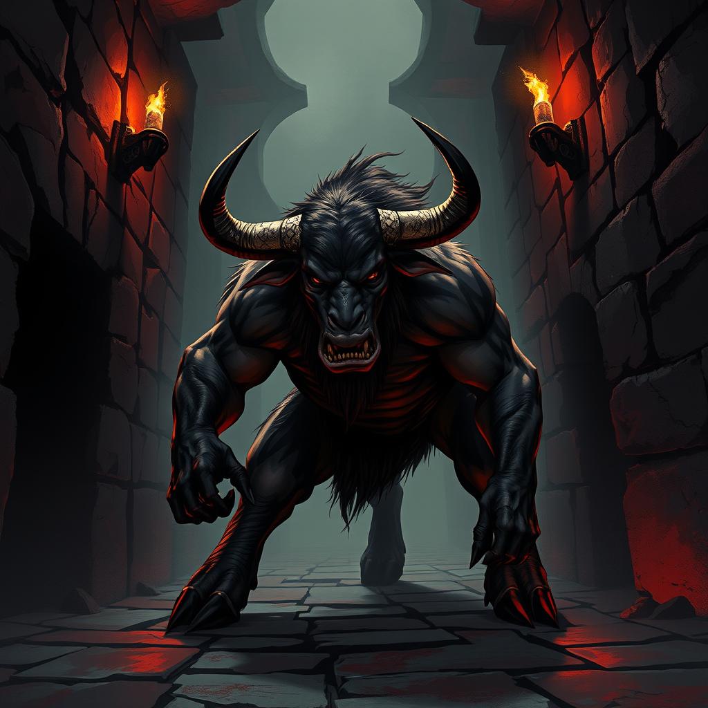 A dark and eerie illustration of a Minotaur in the Dungeons & Dragons style