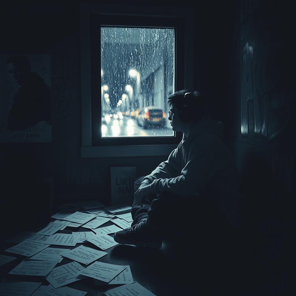 A moody and introspective scene depicting a young artist sitting alone in a dimly lit room, surrounded by scattered sheets of paper filled with lyrics
