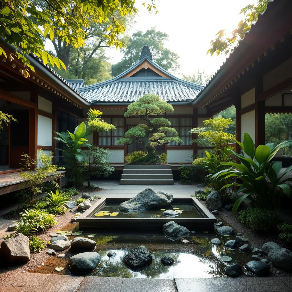 A serene Japanese temple surrounded by lush greenery, featuring a small bonsai tree in the center