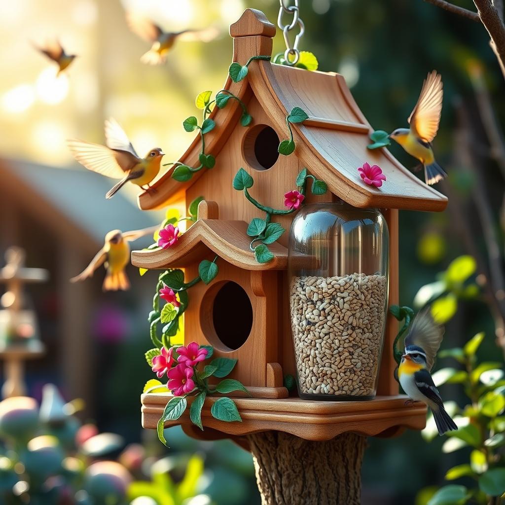 A whimsical birdhouse featuring a creative seed tank design integrated into it, beautifully crafted from natural wood with intricate carvings
