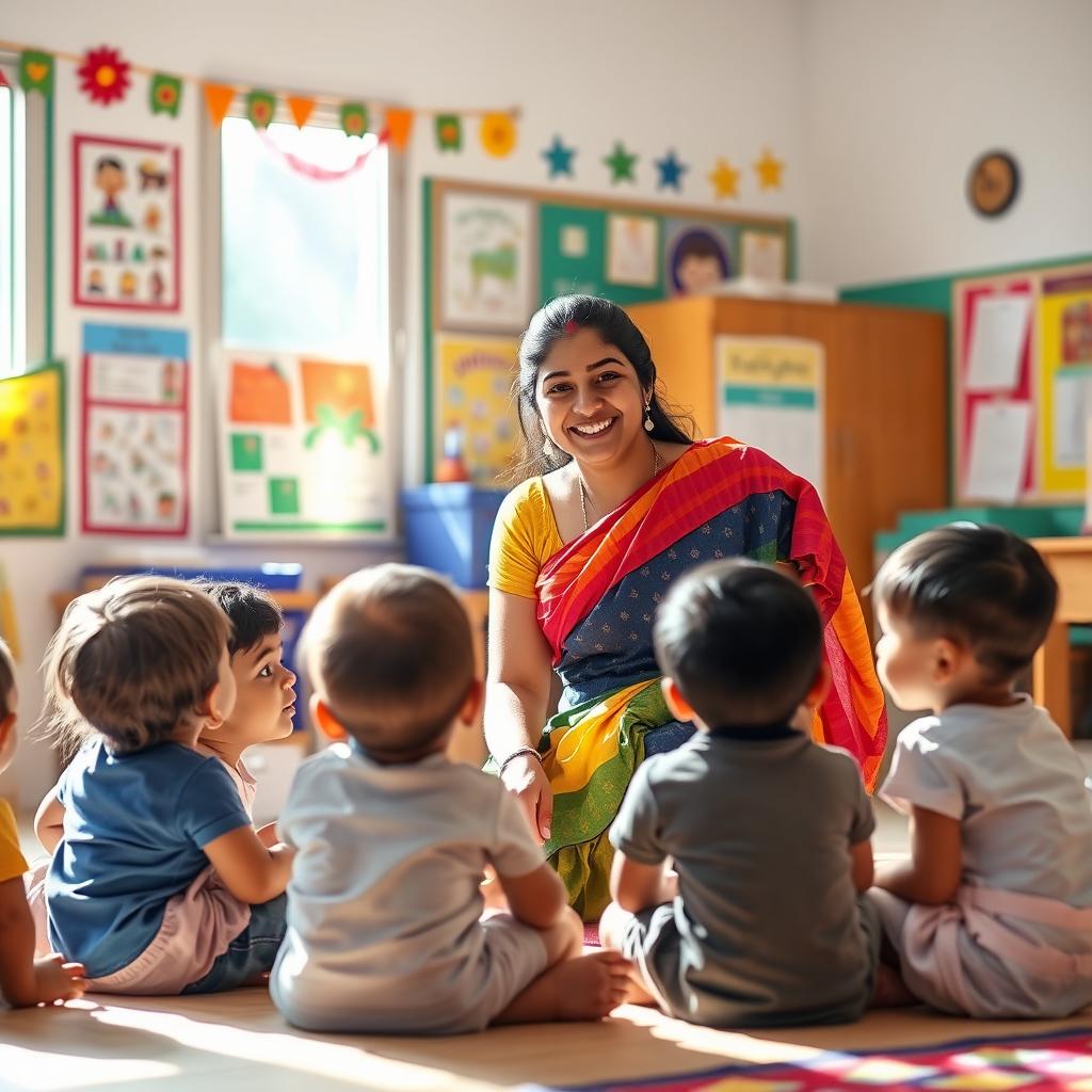 A warm and inviting classroom scene featuring a young female teacher wearing a colorful saree, engaging with a group of small children