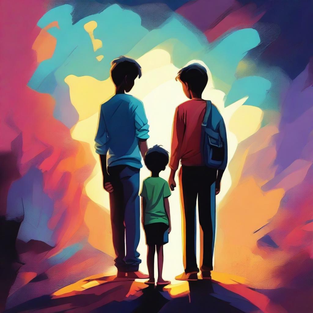 An inspiring digital art piece showcasing three empathetic social workers guiding a young boy towards his dreams, symbolizing his redemption from past mistakes