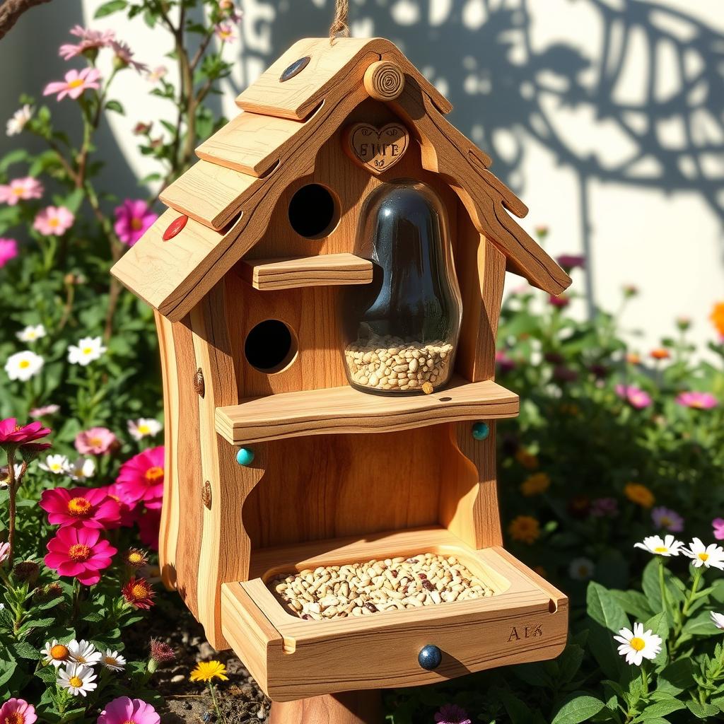 A charming, detailed birdhouse featuring an innovative design with a seed tank and three distinct floors
