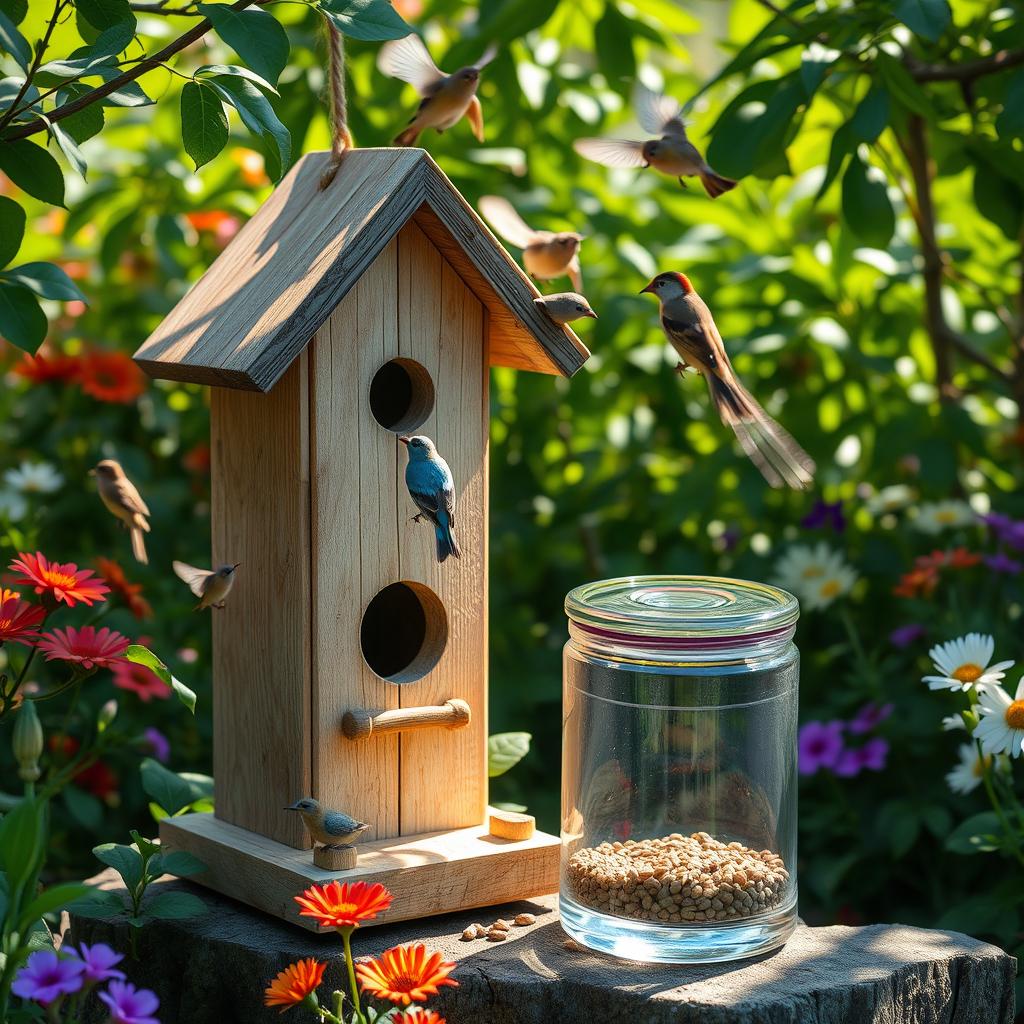 A beautifully designed birdhouse with intricate details, featuring a built-in seed tank